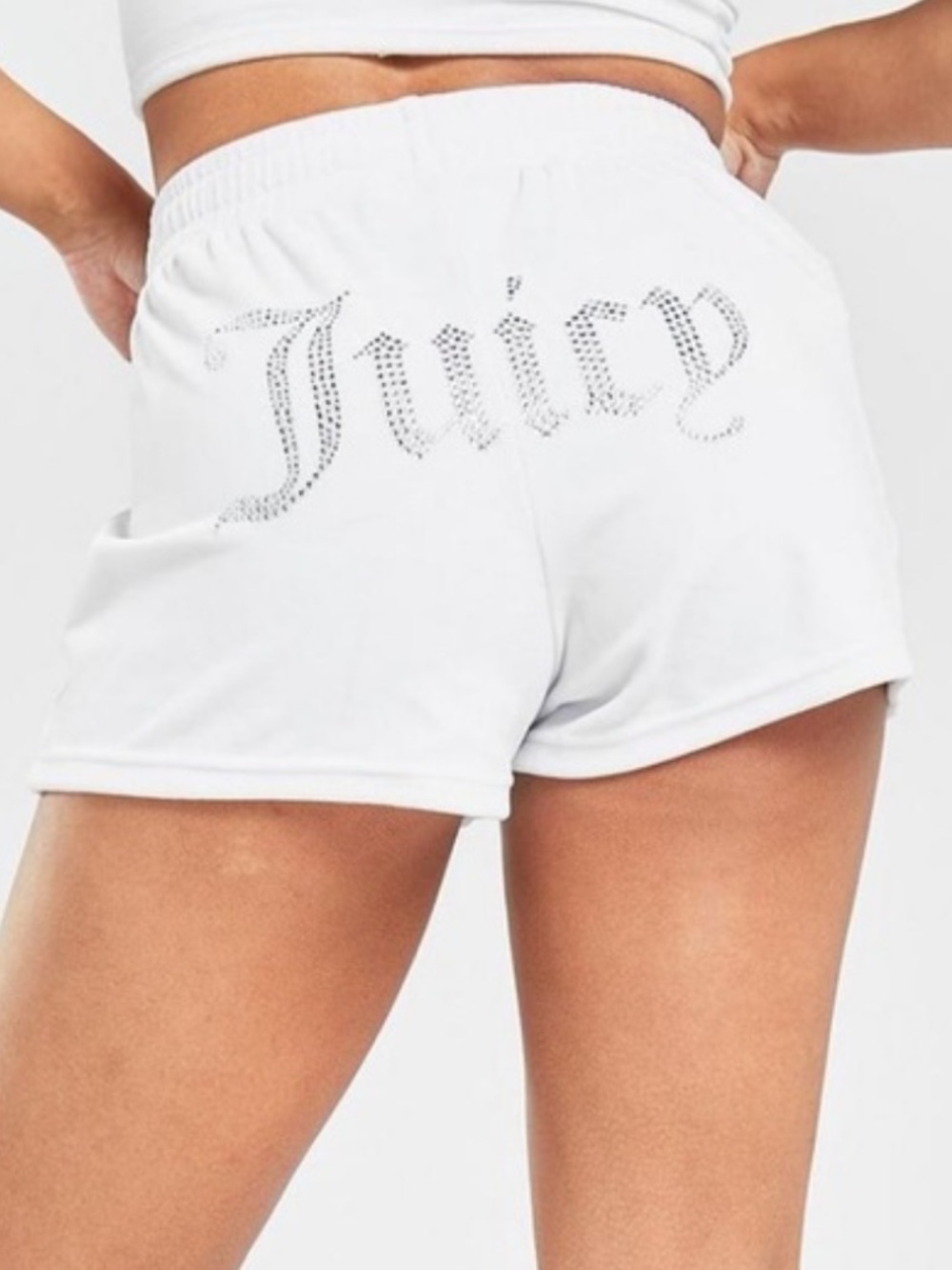 NWT Juicy Couture Sport White Cloud Dancer Rhinestone Logo Shorts Size XL